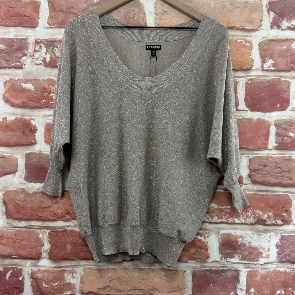 Express Top Women's S Taupe Silver Metallic Knit Dolman Sleeve Casual Shirt